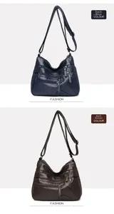 Détails des sacs bandoulière en cuir lavé à plusieurs poches en bleu et marron foncé