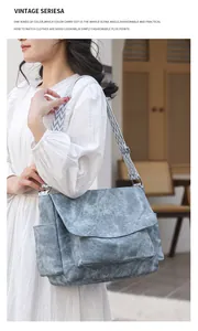 Detail of vintage gray-blue shoulder bag featuring wide geometric ethnic strap and front pocket