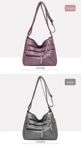 Détails du grand sac bandoulière vintage en similicuir souple avec zips en violet et gris