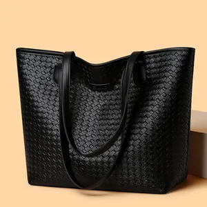 Women's Fashion Large Capacity Tote Bag Minimalist Woven Pattern PU Leather Shoulder Bag Commuting Shopping Handbag