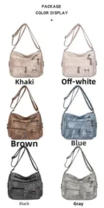 Detailed color display of multi-zipper soft leather shoulder bags in six classic shades