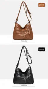 Vue détaillée du sac bandoulière multi-poches en cuir PU lavé noir et jaune-brun