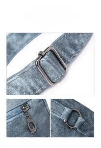 Detail of premium gunmetal hardware and blue denim fabric on the large shoulder bag
