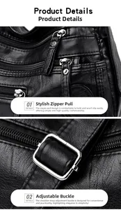 Détail de la fermeture éclair argentée et boucle réglable sur sac en cuir noir