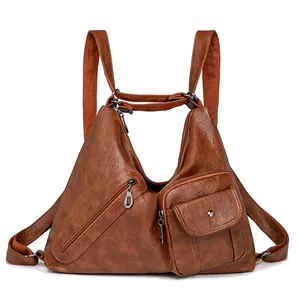 Retro brown faux leather shoulder bag with lychee texture and multi-pocket design