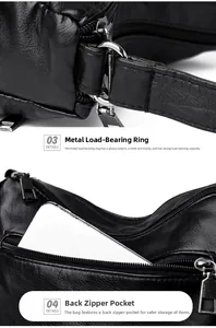 Détails des ferrures argentées et de la poche arrière zippée sur le sac en cuir noir