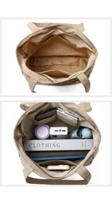 Internal view of khaki tote bag showing organized compartments and large storage capacity