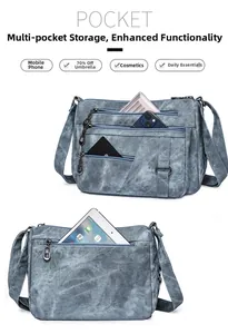 Detail showing multi-pocket storage for phone and tablet in blue soft fabric crossbody bag