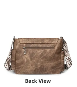 Back view of vintage large capacity shoulder bag with zipper pocket and woven strap