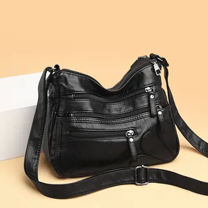 Borsa a Tracolla Vintage da Donna in Pelle PU Lavata Grande Capacità Multi Zip Borsa a Spalla Ricamo a Cuore Viaggio Moda Satchel
