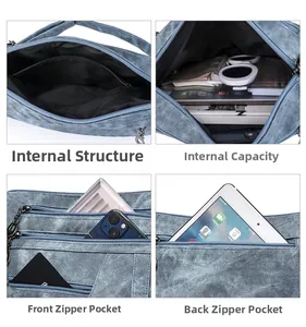 Detailed interior storage views of large blue denim texture crossbody bag with zipper pockets
