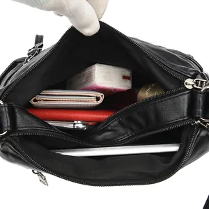 Borsa a tracolla in pelle nera lavata con scomparti multipli e grande capacità interna
