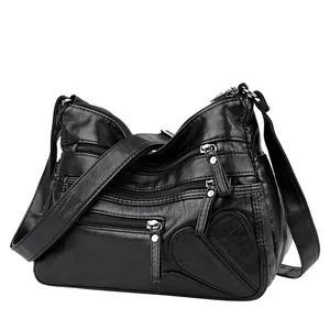 Borsa a tracolla classica in pelle PU nera lavata con tasche multiple e cerniere