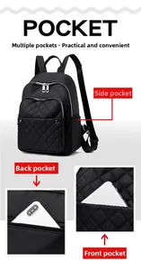 Detail showing multiple zipper pockets and quilted nylon texture on black backpack