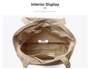Detailed interior view of a beige tote bag showing zippered pockets and compartments