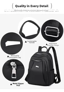 Detailed views of Oxford fabric backpack showing adjustable straps and silver metal hardware