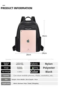 Size specifications of lightweight black nylon backpack with 34x28x14cm dimensions