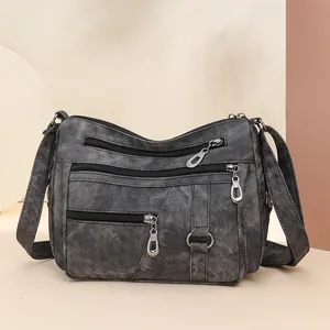 Borsa a Tracolla Vintage da Donna in Pelle PU Grande Capacità Multitasche Borsa a Spalla Texture Lavata Morbida Casual