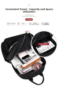 Internal view of the black nylon backpack showing compartments for tablet and cosmetics