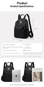 Detailed dimension guide for black quilted nylon backpack with size and weight info
