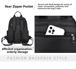 Detail of the back anti-theft zipper pocket on black oxford fabric backpack for women