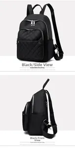 Detail view showing black quilted nylon backpack with silver zippers and diamond patterns