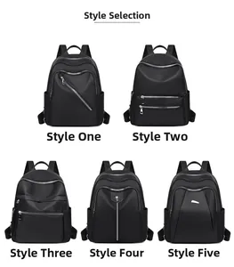 Selection of five black oxford backpacks in various minimalist functional zipper designs