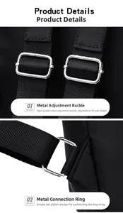 Close-up of shiny silver metal buckle and durable nylon strap on a black backpack