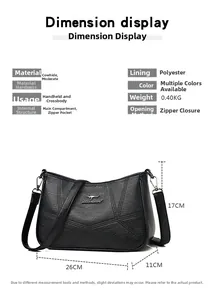 Size chart showing dimensions for the black leather crossbody bag with kangaroo logo detail