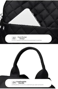 Detail of front storage pocket and reinforced padded handle on black quilted nylon backpack