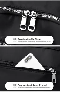 Detail of dual metal zippers and secure back anti-theft pocket on nylon backpack