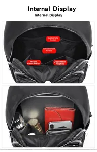 Interior layout of black nylon backpack showing main compartment and functional pockets