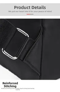 Detail showing reinforced stitching and metal buckle on black Oxford cloth backpack