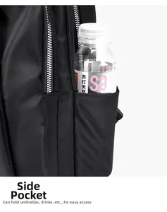 Detail of the black Oxford backpack side pocket holding a water bottle and umbrella