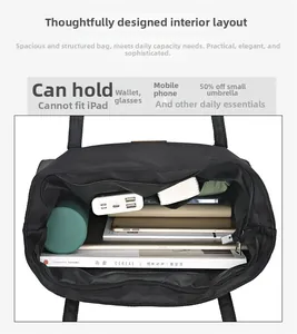 Interior view of black canvas tote bag showing large capacity for daily essentials
