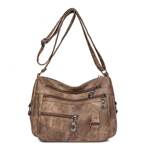 Vintage brown multi-layer soft leather crossbody bag for women with multiple zipper pockets