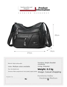 Detail view of black pebbled faux leather crossbody bag with multi-pocket layout and size chart