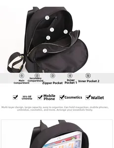 Vista interior de la mochila de oxford impermeable con gran capacidad y varios compartimentos