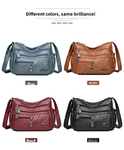 Detail of four-color multi-pocket crossbody bags with litchi texture and logo