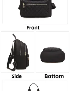 Vistas frontal, lateral e inferior de una mochila de nailon acolchado negro con cremalleras