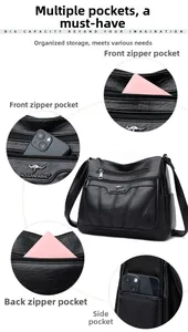 Detalle de los múltiples bolsillos con cremallera y la gran capacidad del bolso negro
