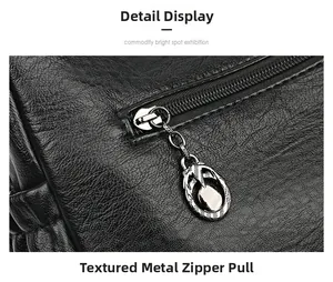 Detail of textured leather surface with high-quality metal zipper puller on a black handbag