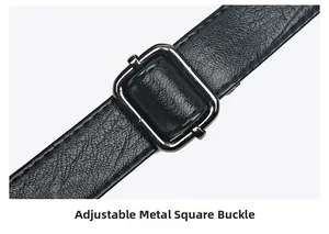 Close-up of adjustable hardware square buckle on black leather shoulder strap