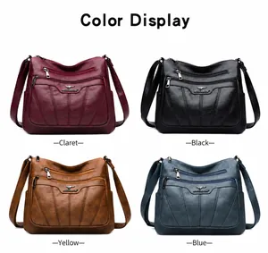Vista detallada de bolsos de hombro en imitación de cuero en granate, negro, amarillo y azul