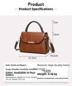 Detailed size chart and specifications for the vintage brown leather crossbody handbag