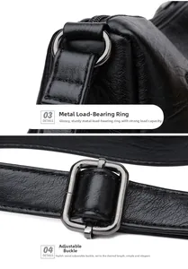 Detalle de anillas en D de metal y hebillas de ajuste en un bolso de cuero negro para mujer