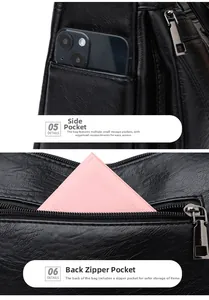 Detalle del bolsillo lateral abierto y compartimento con cremallera en el bolso negro