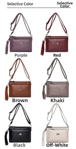 Detailed grid view showing a multi-compartment crossbody bag in six diverse leather colors