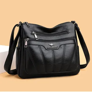 Elegante bolso bandolera de cuero sintético negro para mujer con bolsillos y correa ajustable