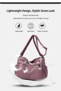 Dettaglio della borsa a tracolla leggera in pelle PU viola con tasche multiple